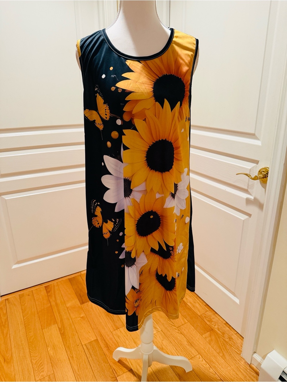 Sunflower & Butterfly Sleeveless Shift Dress - Yellow & Black